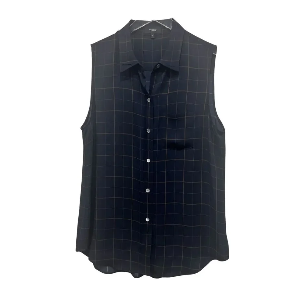 Theory Silk Blouse Tile Print Yarine Navy Blue Brown Sleeveless Size‎ L Academia
